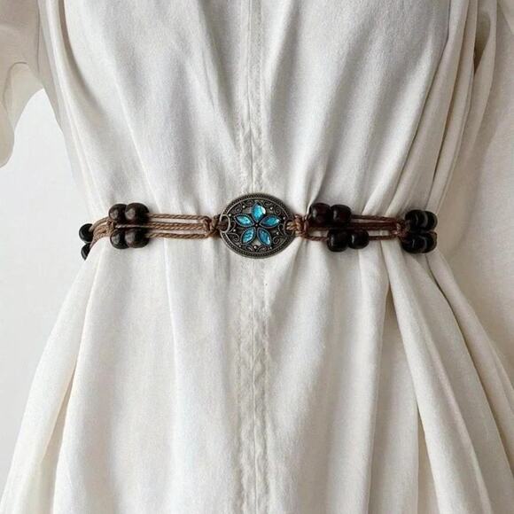 Boho Braided 5 Leaf Rhinestone Blue And Brown Beaded Woven Soft Tie Belt D0500 - Picture 4 of 12